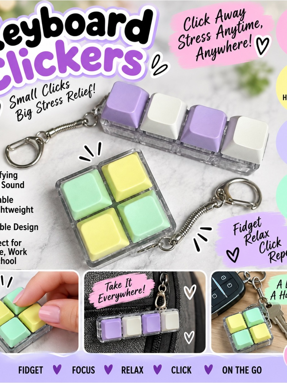 Keyboard Clickers Keychain Fidget Toy - Pastel Purple, Mint Green & Pale Yellow